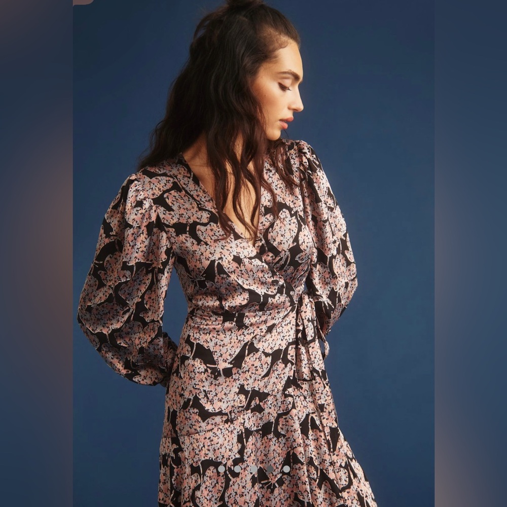 Anthropologie Caballero Floral Wrap Dress in Black Motif NEW - Picture 4 of 10